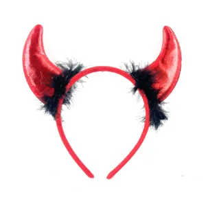 Halloween red devil horns headband with black feathers festival party cosplay costume hair hoop