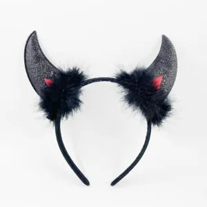 Black devil horn headband with feathers and glitter for Halloween party dress up accessories.