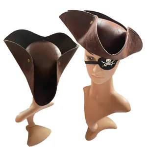 Vintage brown pirate tricorn hat with eye patch for Halloween party costume cosplay accessories.