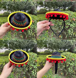 Mexican hat headband detail view, mini sombrero party hair hoop with colorful pom poms.