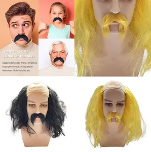 Gros plan sur les ensembles de perruques chauves et moustaches pour fêtes et déguisements.