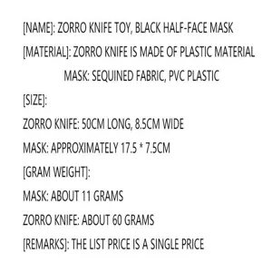 Dettagli coltello Zorro e maschera nera, accessorio per feste in plastica resistente.