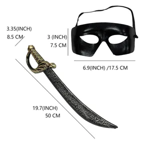 Set spada giocattolo Zorro nera e maschera mezza faccia, ideale per feste e travestimenti.