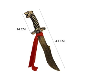 Detailansicht des Tigerkopf-Cosplay-Schwert-Requisits mit rotem Band und Maßangaben.
