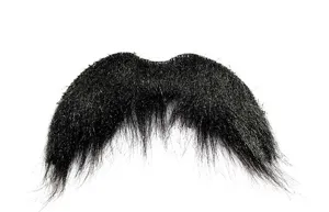 Fausse moustache noire pour fête et déguisement, gros plan détaillé du produit.