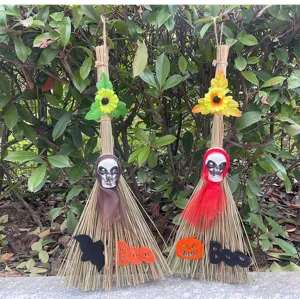Halloween witch broom props hanging decor skeleton skull festival party ornament