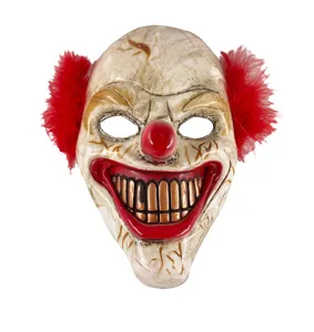Halloween scary clown mask full face creepy party costume props with red feather decorations.