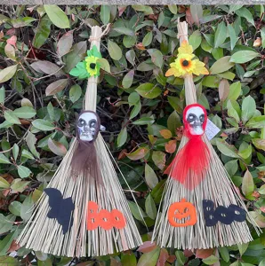 Halloween witch broom decoration prop skeleton pumpkin party ornament hanging display item