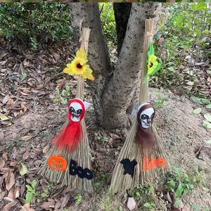 Halloween witch broom decoration prop with skeleton head pumpkin bat design for party decor