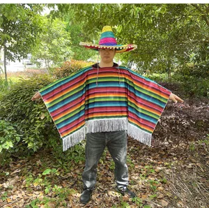 Adult colorful striped Mexican poncho costume with matching sombrero hat for party cosplay.