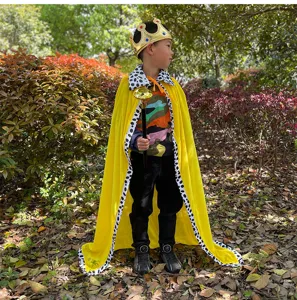 Kids Halloween king costume set with bright yellow cape crown and scepter for boys and girls.