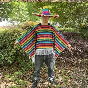 Adult colorful Mexican serape poncho costume with matching sombrero hat for party cosplay.