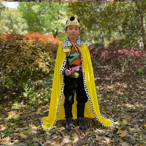 Kids Halloween king cape costume detail view showing bright yellow cloak with crown and scepter.