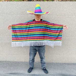 Mexican poncho and sombrero costume set for adults, colorful stripe detail view.