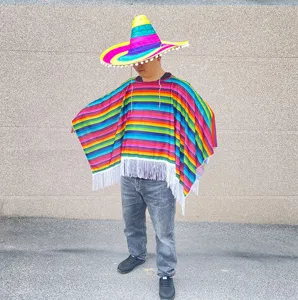 Colorful striped Mexican poncho costume detail view with matching vibrant sombrero hat.