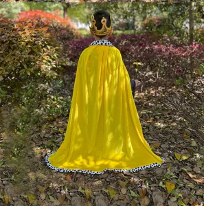 Detailed view of kids king cape costume, featuring golden cloak and crown for Halloween.