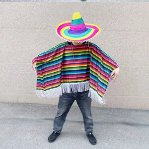 Adult Mexican poncho costume with colorful stripes and sombrero hat for Halloween party wear.