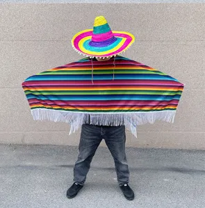 Colorful Mexican poncho and straw sombrero set, vibrant striped cloak detail for party.