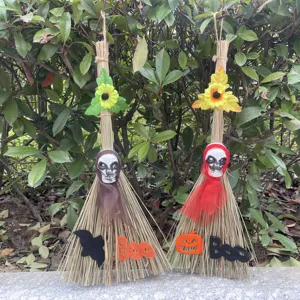 Halloween Witch Broom Decoration Skull Pumpkin Bat Props Party Hanging Ornament Spooky Festival Atmosphere Decor