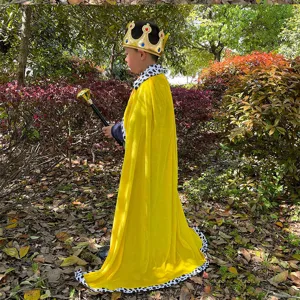 Kids king costume set with golden crown, yellow cloak and scepter for Halloween party and cosplay.