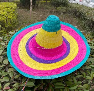 Close-up detail of a colorful woven Mexican straw hat sombrero with vibrant striped pattern rings.