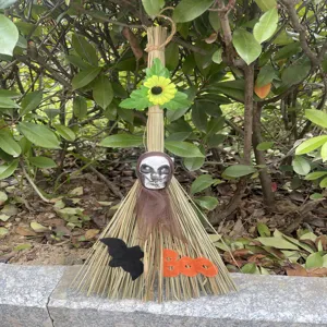 Halloween witch broom hanging decoration party prop with skull bat and Boo design for spooky festival.
