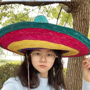 Colorful Mexican straw sombrero hat for adult Halloween party costume and festival role play detail