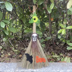 Halloween witch broom decoration prop with skull bat and Boo sign for party display