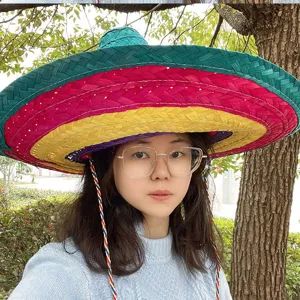 Vibrant Colorful Mexican Sombrero Straw Hat With Wide Brim For Festival Party Cosplay