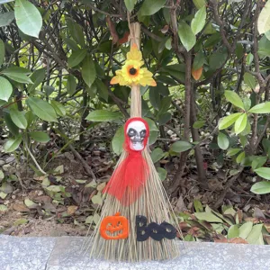 Halloween witch broom decoration prop, spooky party hanging ornament for festival holiday decor.