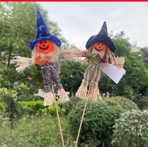 Halloween decorative pumpkin scarecrow doll with witch hat, perfect for holiday party setup.