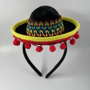 Mexican Sombrero Hat Headband Mini Straw Hat with Colorful Braided Trim Red Pom-Poms Party Hair Hoop Costume