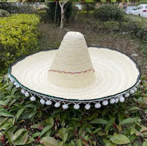 Mexican straw woven hat detail showing white pompoms and colorful braided band trim.