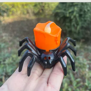 Halloween spider LED electronic candle light detail view, glowing party decoration prop