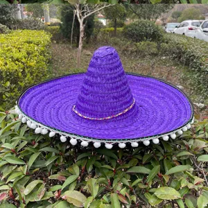 Purple Mexican straw hat with white pompoms, perfect for festive party events and cosplay.