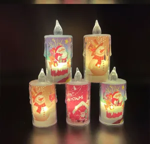 Detailaufnahme des weihnachtlichen LED Kerzen Sets mit festlichen Schneemann und Weihnachtsmann Motiven.