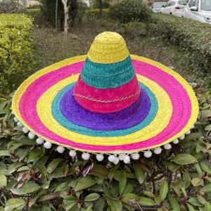 Mexican Sombrero Hat Bamboo Fiber High Top Wide Brim Straw Hat Ethnic Style With Pompoms Tassel Colored Cord Accent For Party Carnival Dance Festival Unisex Accessories