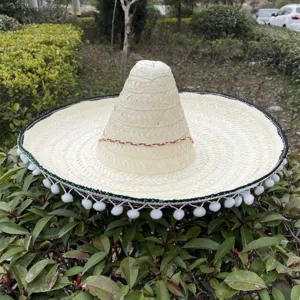 Mexican straw sombrero hat with colorful pom poms, perfect for festive party costume and dancing.