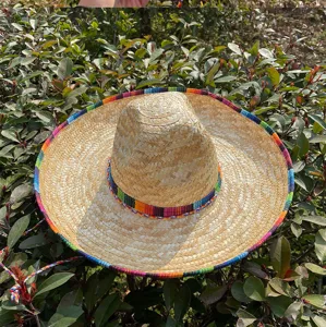 Adult Mexican straw hat with colorful woven trim for Halloween party costume and outdoor events.