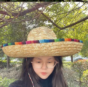 Adult Mexican straw hat wide brim colorful woven ribbon carnival party costume prop holiday cosplay