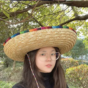 Close-up view of a traditional Mexican straw hat with colorful woven band worn outdoors.