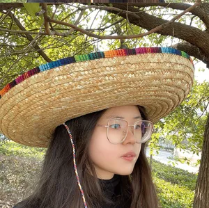 Adult Mexican straw hat carnival party costume prop colorful braided brim summer sun hat