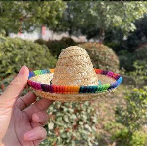 Miniature Mexican straw hat with colorful woven brim, perfect for cute pets and doll dress up.
