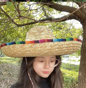 Adult Mexican straw hat with colorful tribal band, ideal for party costume and cosplay.
