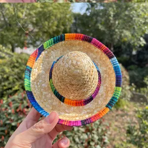 Mini straw hat detail accessory, colorful woven trim, perfect for doll decoration and pet costumes.