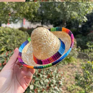 Mini Mexican straw hat accessory with colorful woven trim, ideal for small pets and cute dolls.