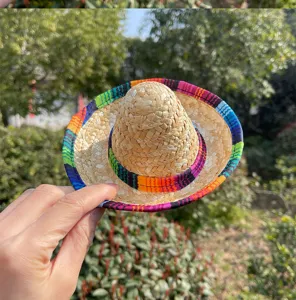 Mini Mexican straw hat with colorful woven band, perfect doll and pet hat hair accessory.