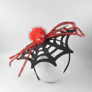Halloween Spinnen Haarreif mit schwarzem Netz und glitzernder roter Spinne fuer Party Kostüm.