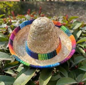 Mini Mexican straw hat with colorful woven band, perfect for pet dress up and doll accessories.