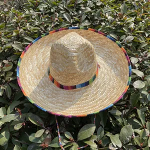 Adult Mexican straw hat with colorful woven trim, perfect for holiday party and outdoor use.
